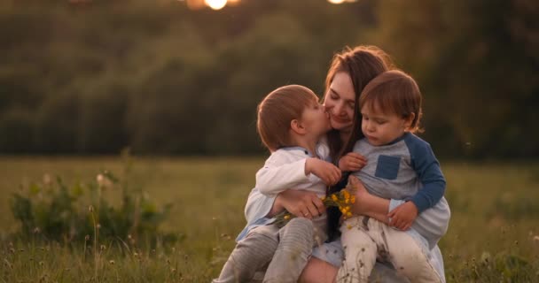Moeder knuffelen haar twee zonen in de zonsondergang in het veld. Liefdevolle kinderen gelukkig moeder. - Video