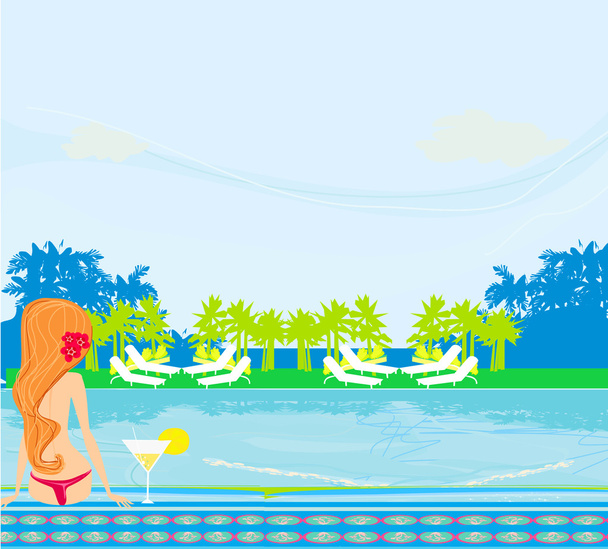 Νεαρή γυναίκα κάνει ηλιοθεραπεία δίπλα στην πισίνα - Διάνυσμα, εικόνα