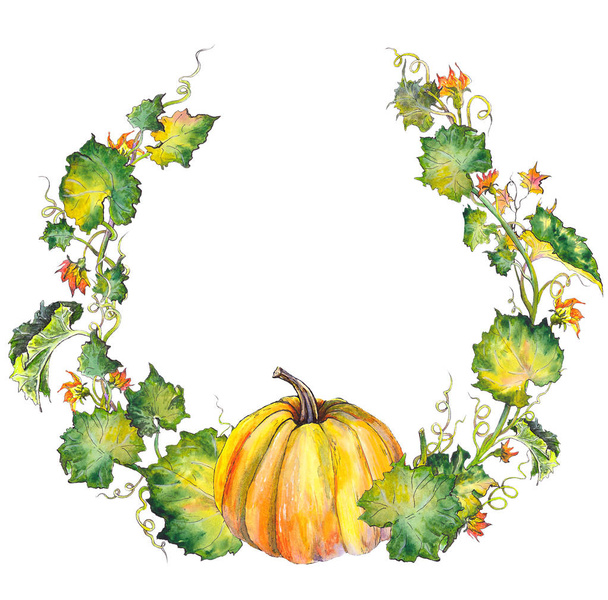 Autumn wreath with pumpkin, branches, leaves and flowers. Watercolor illustration. Isolated on white background.  - Zdjęcie, obraz