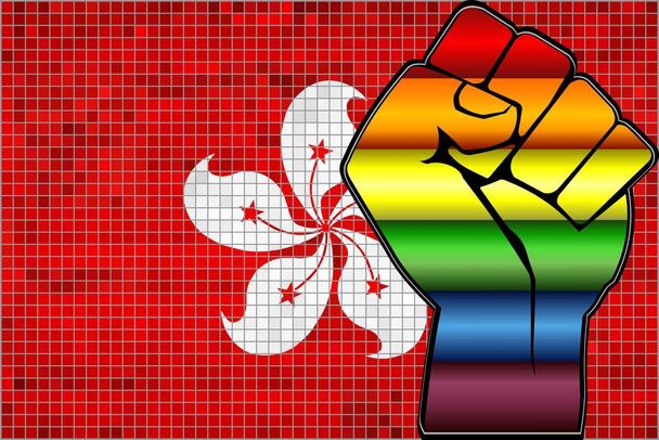 Pugno di protesta LGBT lucido su una bandiera di Hong Kong - Illustrazione, Mosaico astratto Hong Kong e bandiere gay
 - Vettoriali, immagini
