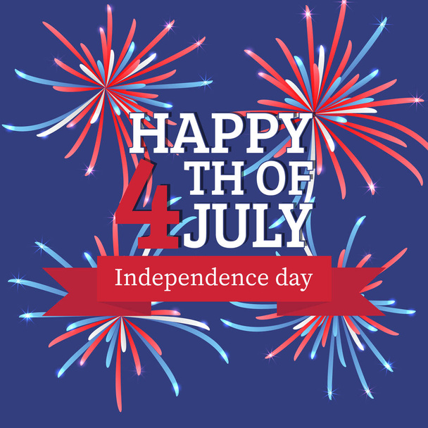 Buon 4 luglio, giorno dell'indipendenza. Con nastro rosso e fuochi d'artificio rossi, bianchi e blu. Pronto all'uso in volantini, manifesti, social media e decorazioni
. - Vettoriali, immagini