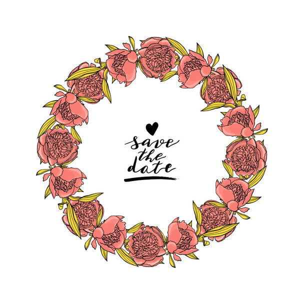 Hand drawn doodle style pink peony flower wreath with custom han - Vector, afbeelding