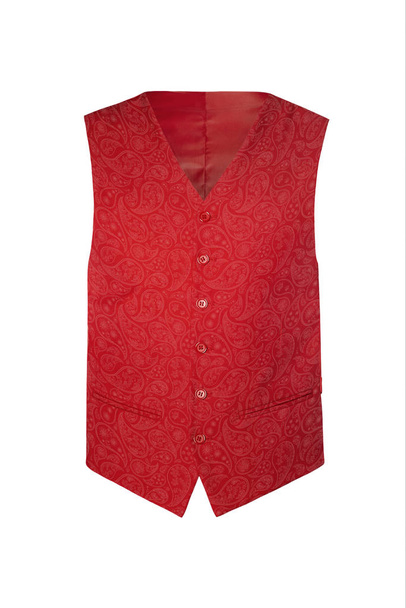 Modne męskie czerwone kamizelki z wzorem Paisley na białym tle. Fotografia manekina duchów - Zdjęcie, obraz