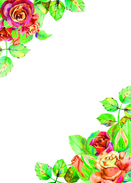 Цветы темных роз, зеленые листья, композиция. Концепция свадебных цветов. Плакат с цветами, приглашение. Акварельные композиции для оформления приветствия
 - Фото, изображение