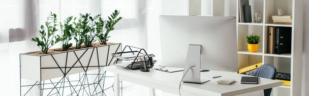 панорамный снимок стола с компьютером и подносом для документов возле книжного шкафа и цветочного горшка с растениями
 - Фото, изображение