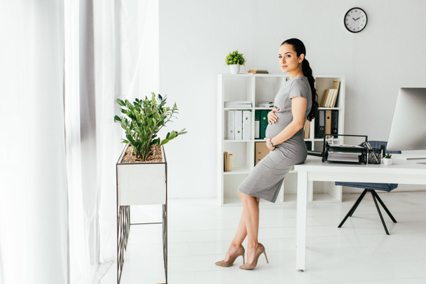 vista completa de la mujer embarazada de pie en la oficina con maceta con planta, mesa y librería
 - Foto, imagen