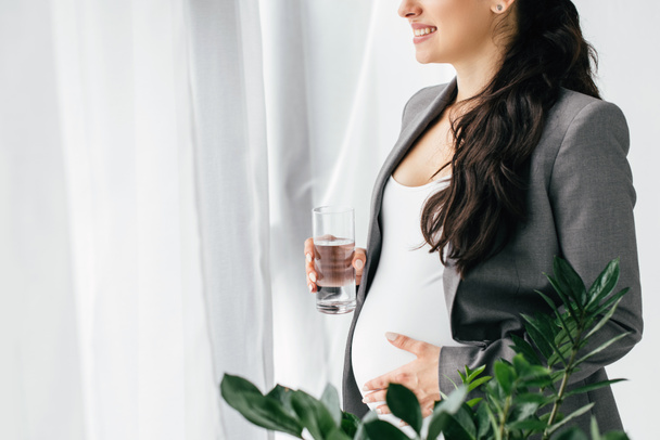 vista recortada de la mujer embarazada sosteniendo vidrio con agua mientras está de pie cerca de la ventana y la planta
 - Foto, imagen