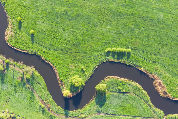 Top view drone shot of a green field and river - Foto, Imagen