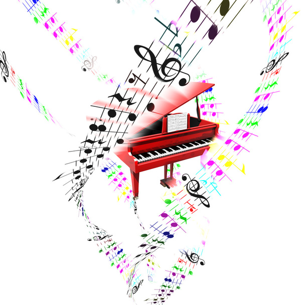 Piano à queue avec notes volantes colorées sur des feuilles de partition
 - Photo, image