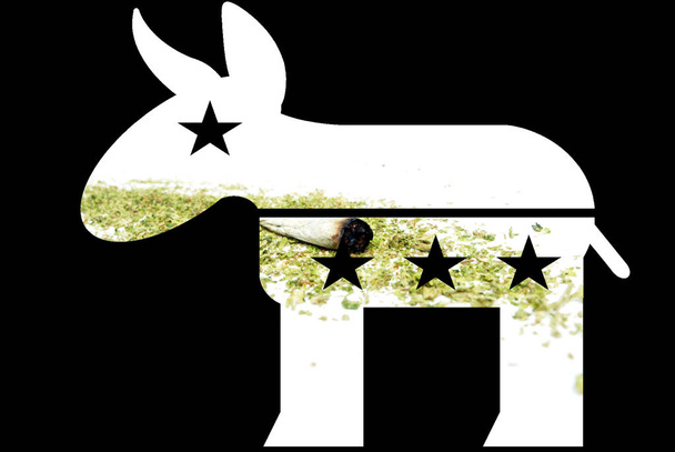 Demokratischer Esel, pro Marihuana und Cannabis, Form mit Bild und schwarzem Hintergrund - Foto, Bild