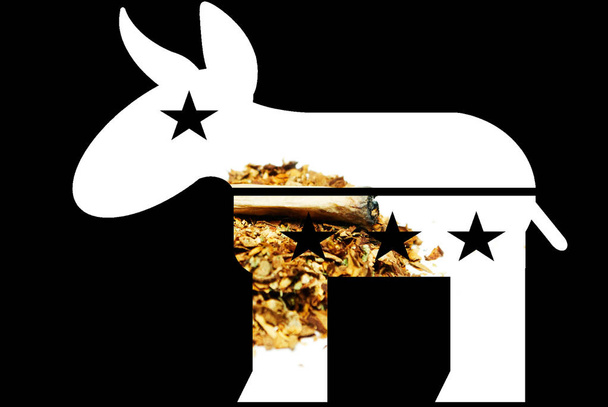 Democraat Donkey, Pro marihuana en cannabis, vorm met beeld en zwarte achtergrond - Foto, afbeelding