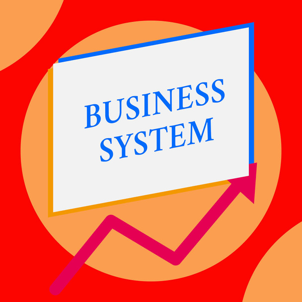 Writing note showing Business System. Business photo showcasing A method of analyzing the information of organizations One blank rectangle above another arrow zigzag upwards increasing sale. - Photo, Image