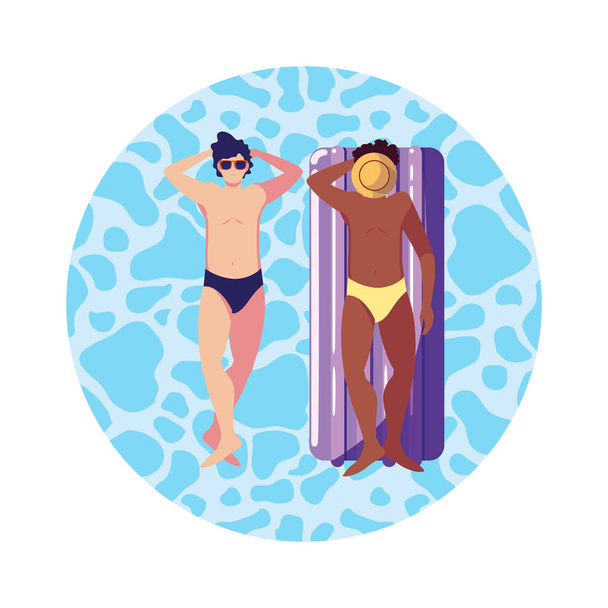 Interracial mannen met badpak en float matras in water - Vector, afbeelding