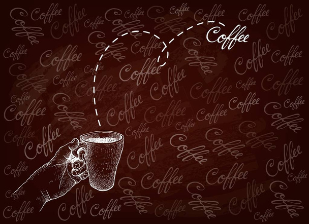 Ζωγραφισμένα στο χέρι φόντο του χεριού κρατώντας ένα φλιτζάνι ζεστό καφέ - Διάνυσμα, εικόνα