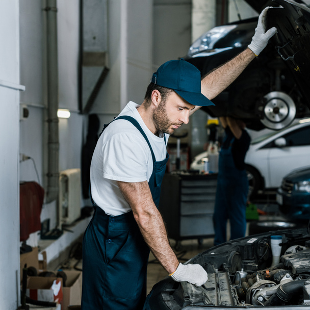 handsome bearded car mechanic in gloves looking at car engine  - Photo, Image