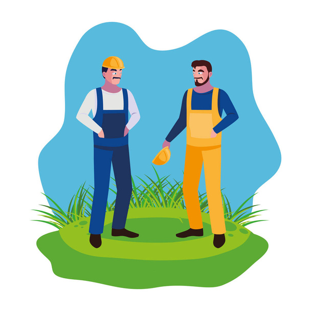 男性ビルダーは芝生の上に労働者を構築します - ベクター画像