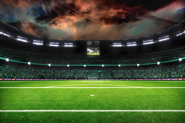 νυχτερινό γήπεδο ποδοσφαίρου με φώτα και πηνία Panorama 3D απόδοση - Φωτογραφία, εικόνα