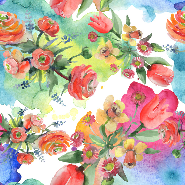 Csokor virág botanikai virágok. Akvarell háttér illusztráció készlet. Varratmentes háttérben minta. - Fotó, kép