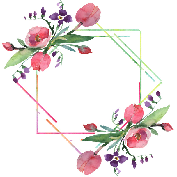 Bouquet floral botanical flowers. Watercolor background illustration set. Frame border ornament square. - Foto, afbeelding