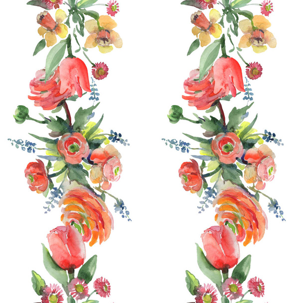 Csokor virág botanikai virágok. Akvarell háttér illusztráció készlet. Varratmentes háttérben minta. - Fotó, kép