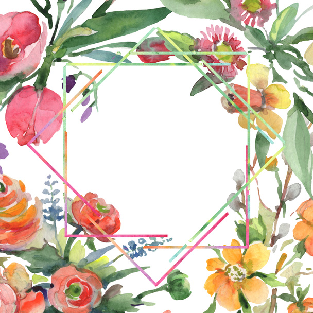 Bouquet floral botanical flowers. Watercolor background illustration set. Frame border ornament square. - Fotó, kép