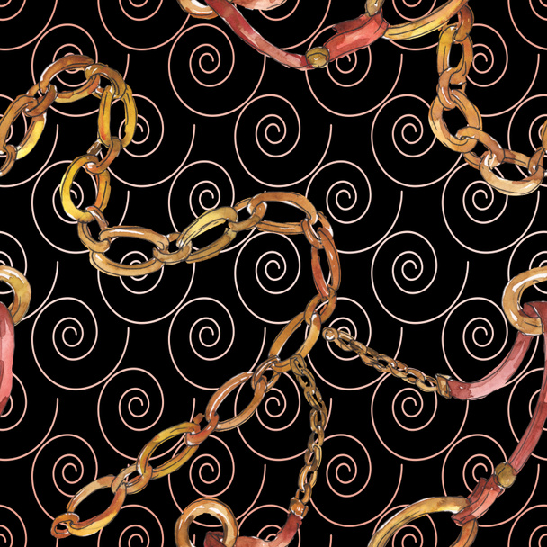 Ilustración de bocetos de cadenas doradas en un elemento aislado de estilo acuarela. Patrón de fondo sin costuras
. - Foto, Imagen