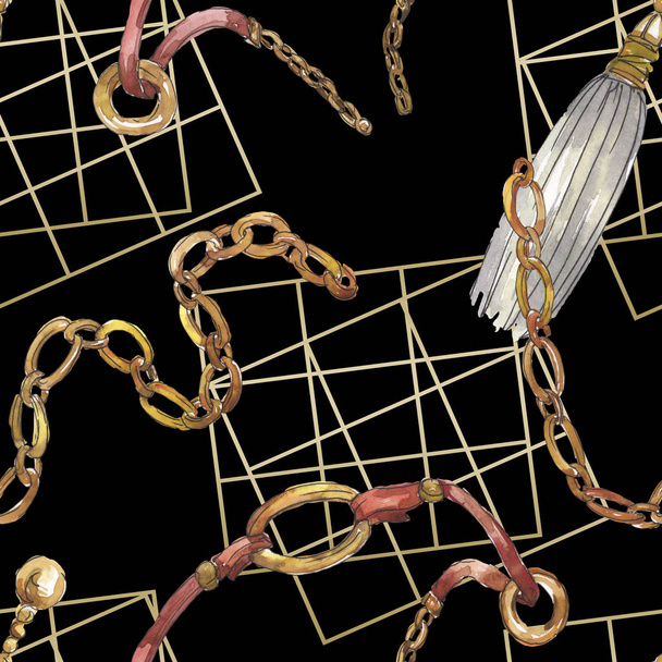 Zlaté řetězy se skicí ve stylu akvarel izolovaného prvku. Bezespání vzorek pozadí. - Fotografie, Obrázek