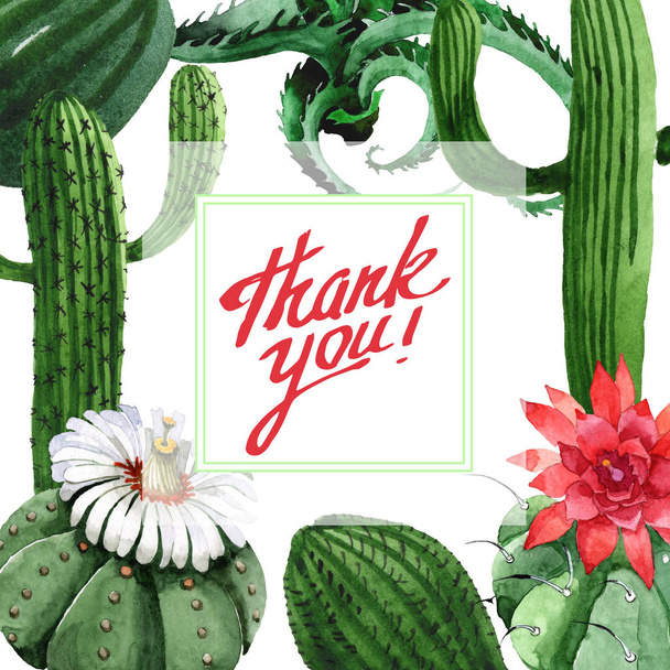 Green cactus floral botanical flower. Watercolor background illustration set. Frame border ornament square. - Fotó, kép