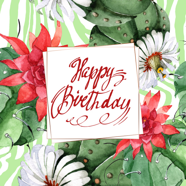 Vihreä kaktus kukka kasvitieteellinen kukka. Vesiväri tausta kuvitussarja. Kehyksen raja koriste neliö
. - Valokuva, kuva