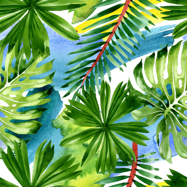 Palm beach tree leaves jungle botanical. Watercolor background illustration set. Seamless background pattern. - Φωτογραφία, εικόνα
