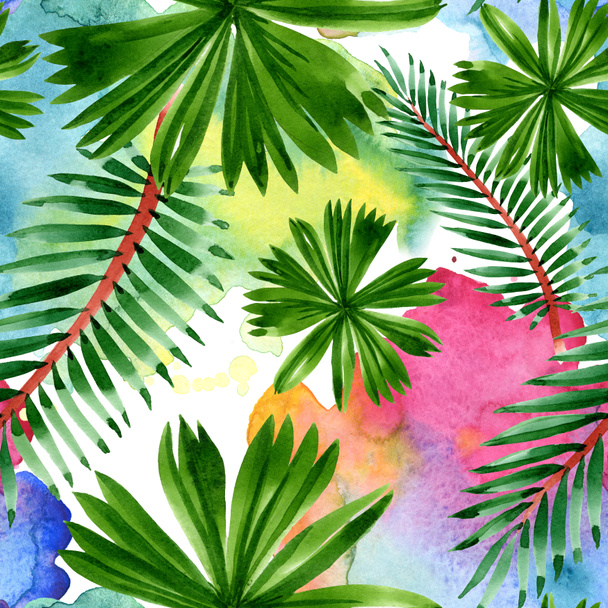 A palmeira da praia deixa a selva botânica. Conjunto de ilustração de fundo aquarela. Padrão de fundo sem costura
. - Foto, Imagem
