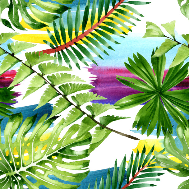 Palm beach tree leaves jungle botanical. Watercolor background illustration set. Seamless background pattern. - Фото, изображение