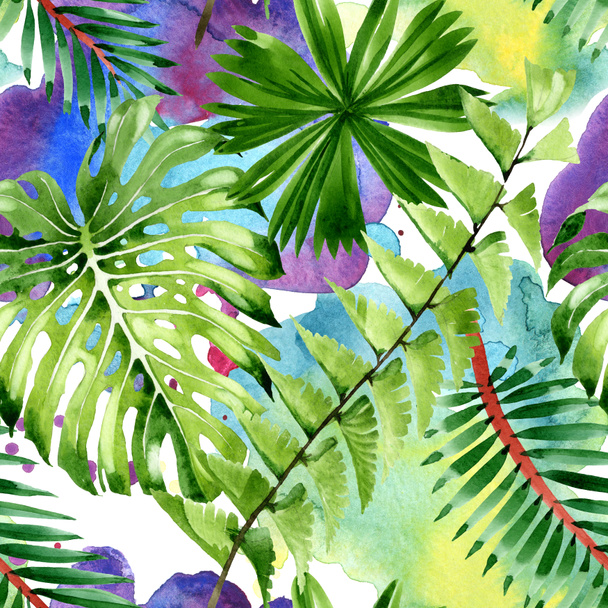 Palm beach tree leaves jungle botanical. Watercolor background illustration set. Seamless background pattern. - Valokuva, kuva