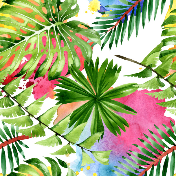 Palm beach tree leaves jungle botanical. Watercolor background illustration set. Seamless background pattern. - Foto, afbeelding