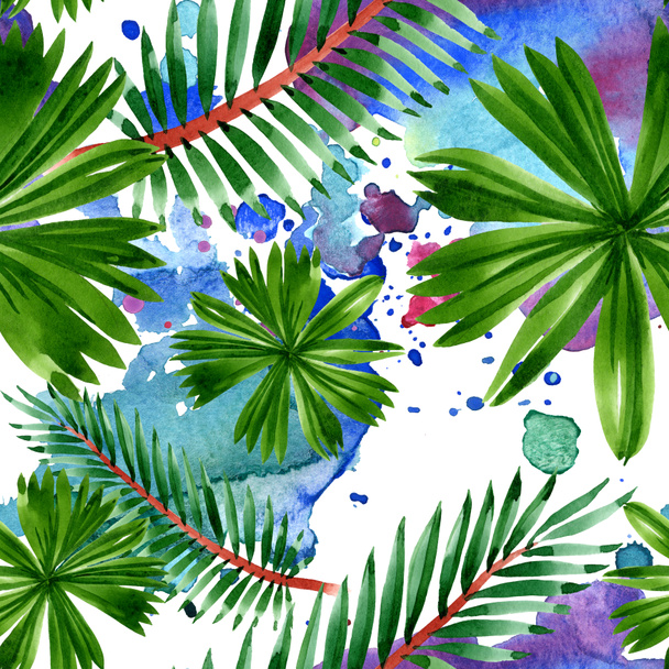 Palm beach tree leaves jungle botanical. Watercolor background illustration set. Seamless background pattern. - 写真・画像