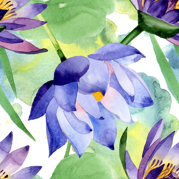 Blue lotus floral botanical flowers. Watercolor background illustration set. Seamless background pattern. - Foto, immagini