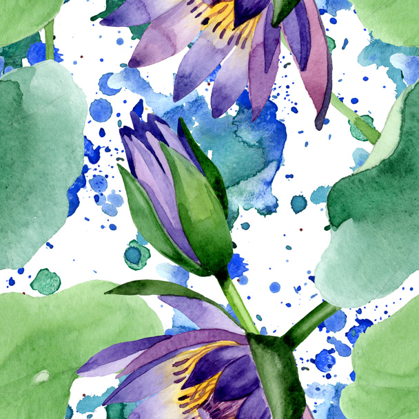 Kék lótusz virágos botanikai virágok. Akvarell háttér illusztráció meg. Folytonos háttérmintázat. - Fotó, kép
