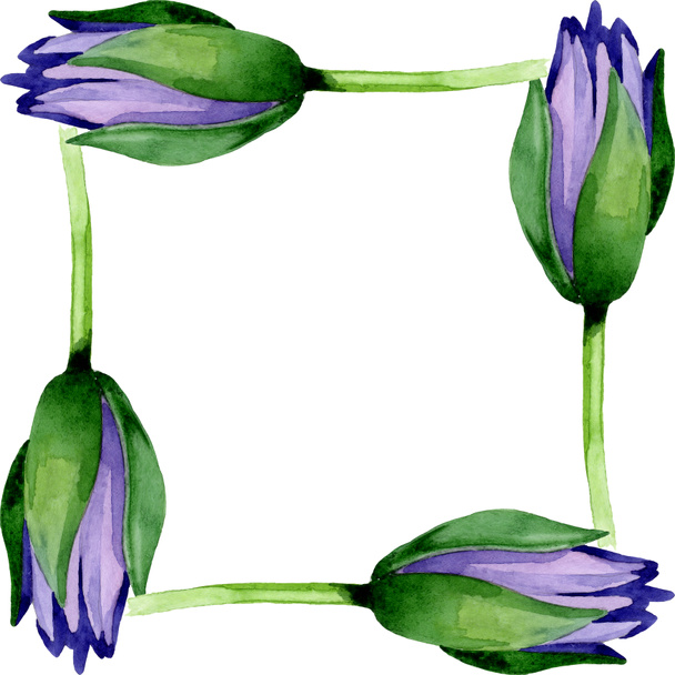 Flores botánicas de loto azul. Conjunto de ilustración de fondo acuarela. Marco borde ornamento cuadrado
. - Foto, Imagen