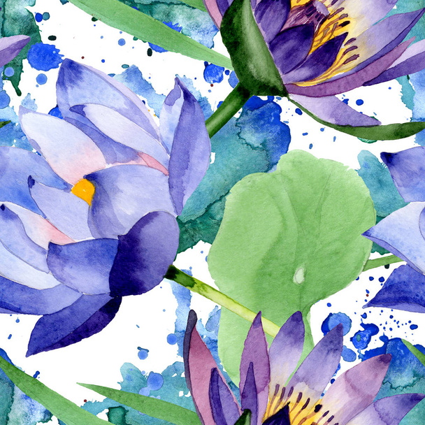 Flores botánicas de loto azul. Conjunto de ilustración de fondo acuarela. Patrón de fondo sin costuras
. - Foto, Imagen