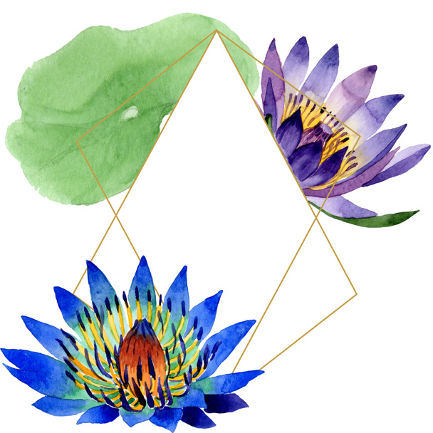 Botanische Blüten aus blauem Lotus. Aquarell Hintergrundillustration Set. Rahmen Rand Ornament Quadrat. - Foto, Bild