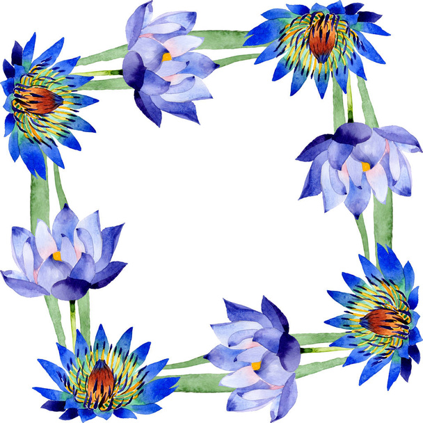 Fleurs botaniques florales de lotus bleu. Ensemble d'illustration de fond aquarelle. Cadre bordure ornement carré
. - Photo, image