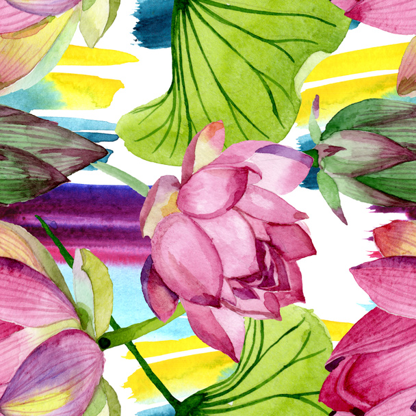 Pink lotus floral botanical flowers. Watercolor background illustration set. Seamless background pattern. - Fotoğraf, Görsel