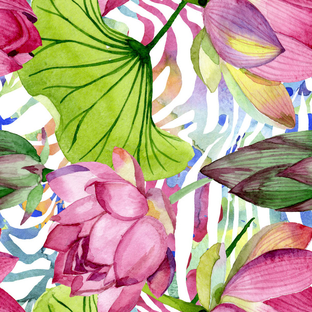 Pink lotus floral botanical flowers. Watercolor background illustration set. Seamless background pattern. - Fotoğraf, Görsel