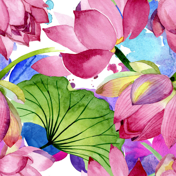 Pink lotus floral botanical flowers. Watercolor background illustration set. Seamless background pattern. - Фото, изображение