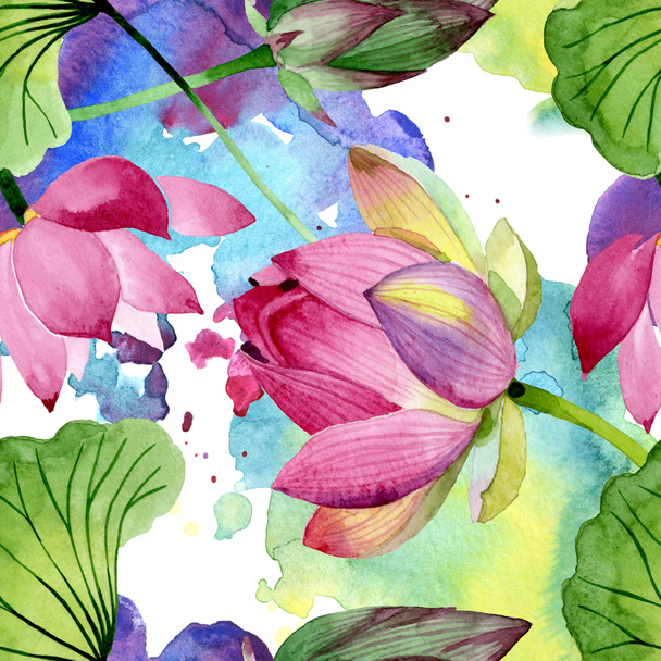 Pink lotus floral botanical flowers. Watercolor background illustration set. Seamless background pattern. - Foto, imagen