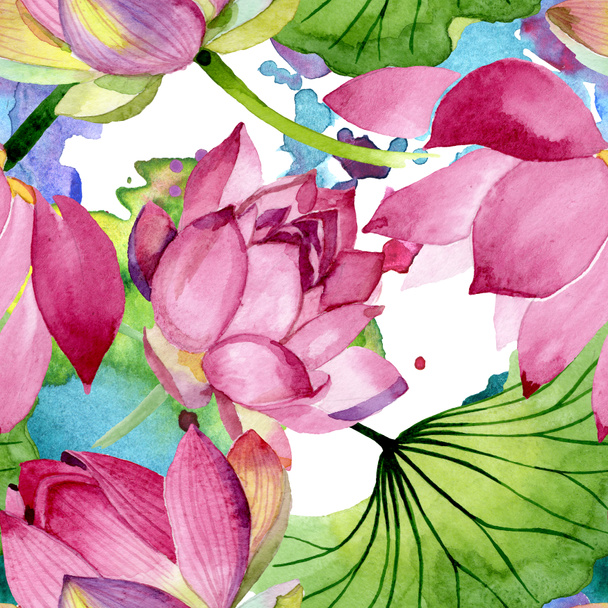 Pink lótusz virágos botanikai virágok. Akvarell háttér illusztráció meg. Folytonos háttérmintázat. - Fotó, kép