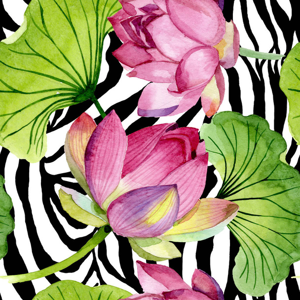 Pink lotus floral botanical flowers. Watercolor background illustration set. Seamless background pattern. - Φωτογραφία, εικόνα