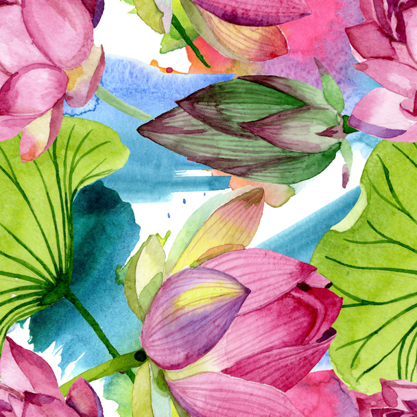 Pink lotus floral botanical flowers. Watercolor background illustration set. Seamless background pattern. - Foto, Bild