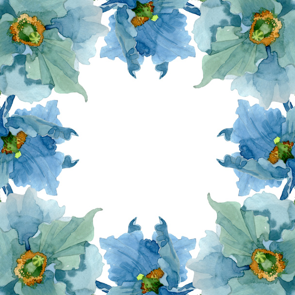 Blue poppy floral botanical flowers. Watercolor background illustration set. Frame border ornament square. - Zdjęcie, obraz