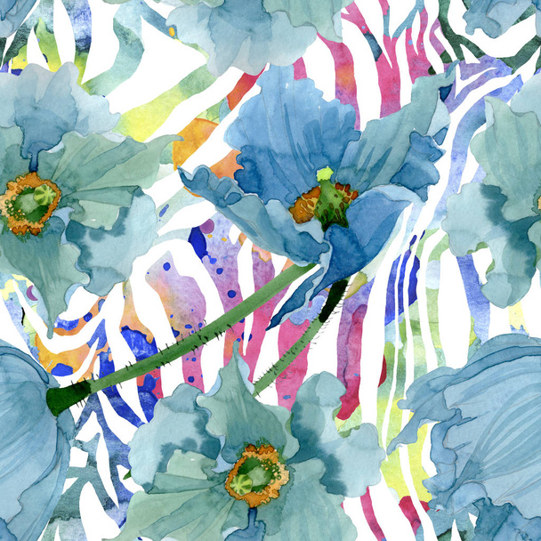 Blue poppy floral botanical flowers. Watercolor background illustration set. Seamless background pattern. - Фото, изображение